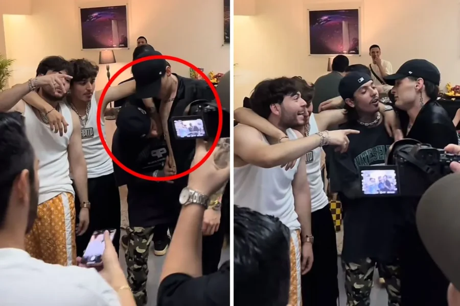 Natanael Cano le da un beso en el abdomen a Peso Pluma